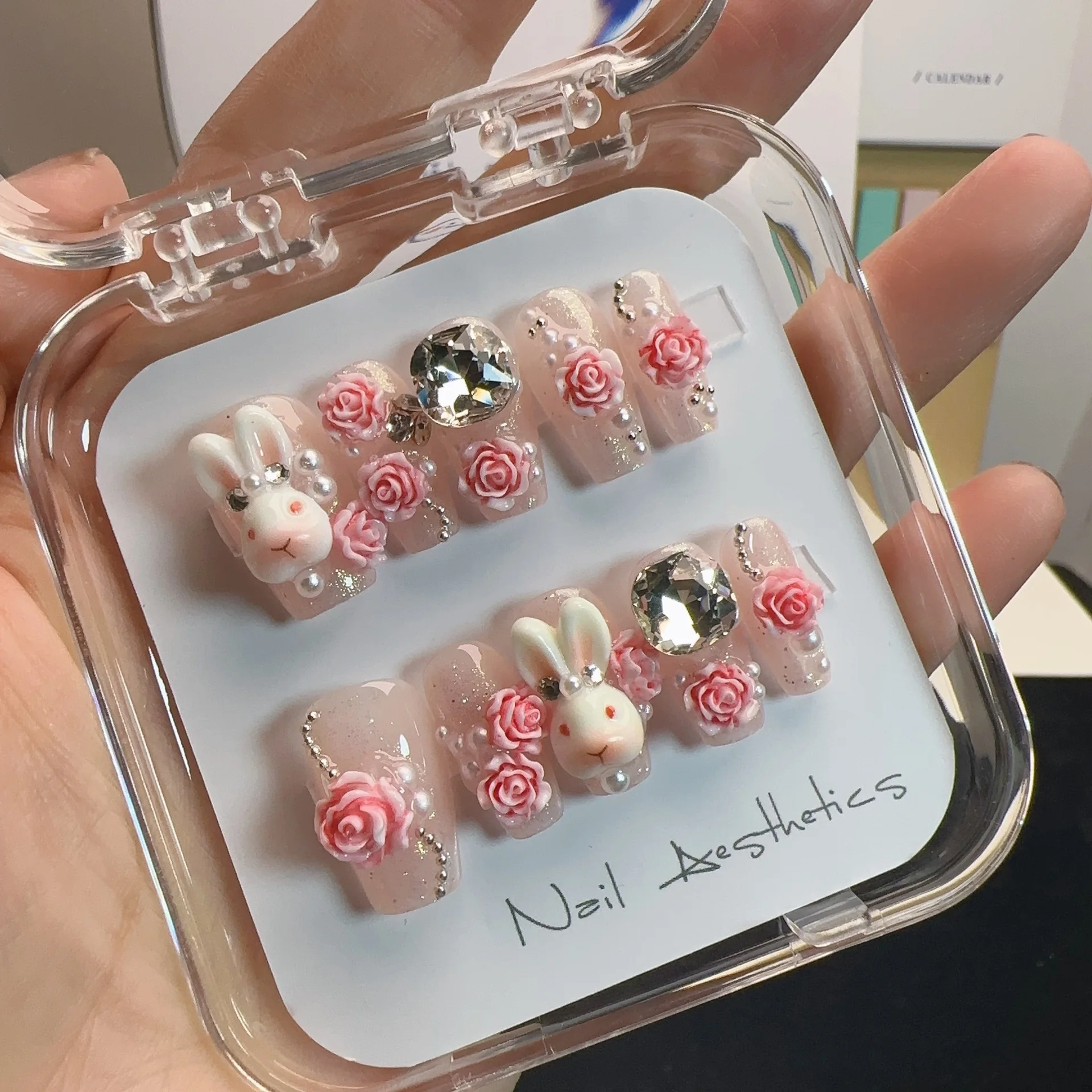 S136 pure Hand-made high quality  lovely rabbit rose shining rhinstone  fales nails removable long-lasting Finger nails