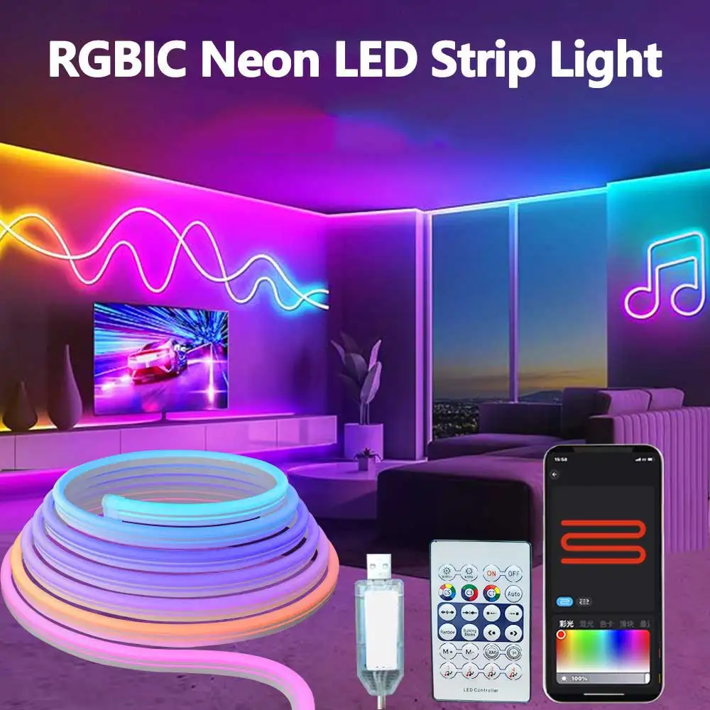 RGBIC Neon Strip Light Bluetooth Neon Led Strip Lights Smart 1M 2M 3M 5M Wodoodporna taśma RGBIC Flex Led Tape Music Sync