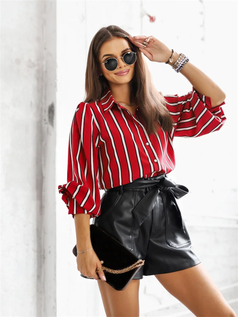 Oversized XXL Camisas White Red Striped Blouses for Women Dressy Casual Button Down Long Sleeve Spring Shirts Blusa Feminina