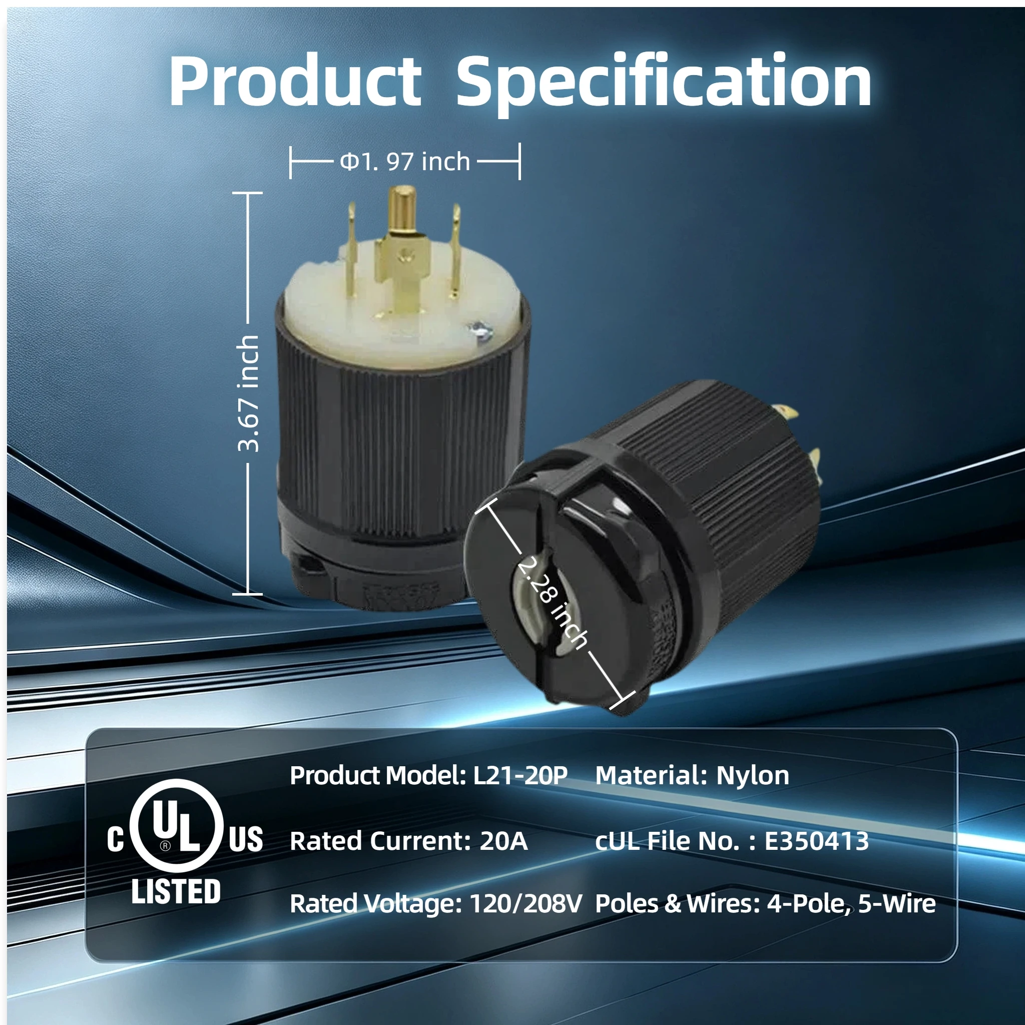 NEMA L21-20P 20A 120/208V Heavy Duty Locking Plug, 4 Pole 5 Wire Twist Lock Male Connector for Industrial Equipment