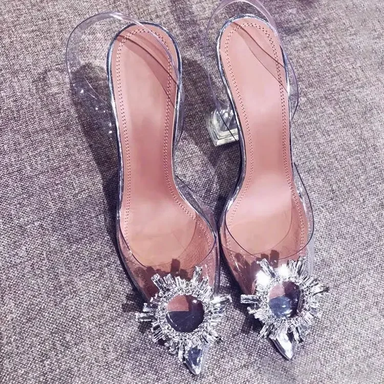 transparent crystal sunflower drill buckle pointed super high heels wine glass wedding shoes large sandals for women