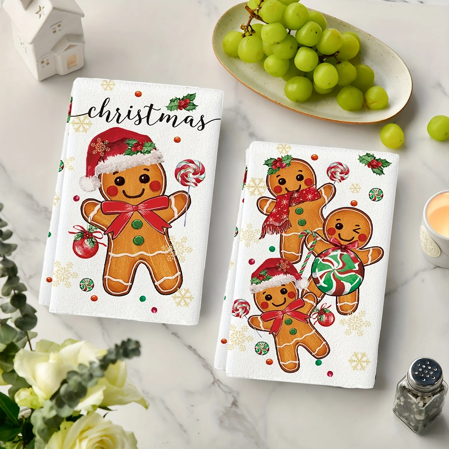 4pcs/2pcs Christmas Gingerbread for Man & Lollipop Kitchen Towels - Ultra-Soft Dish Cloths, Retro Holiday Decor for Kitchen