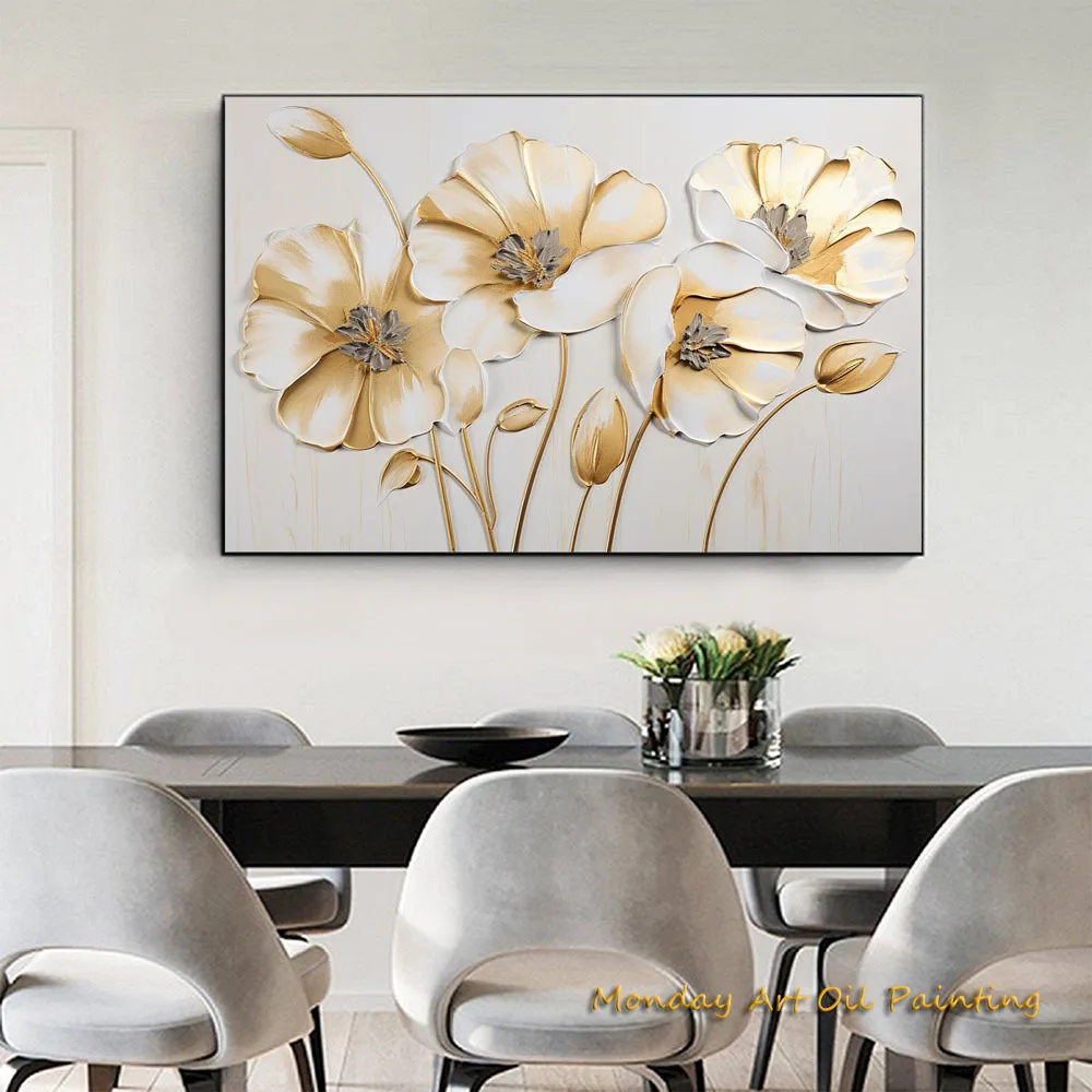 100% Hand Painted Gold And White Flowers Textured Acrylic Abstract Oil Painting Wall Decor Living Room Fedex Shipping Cost