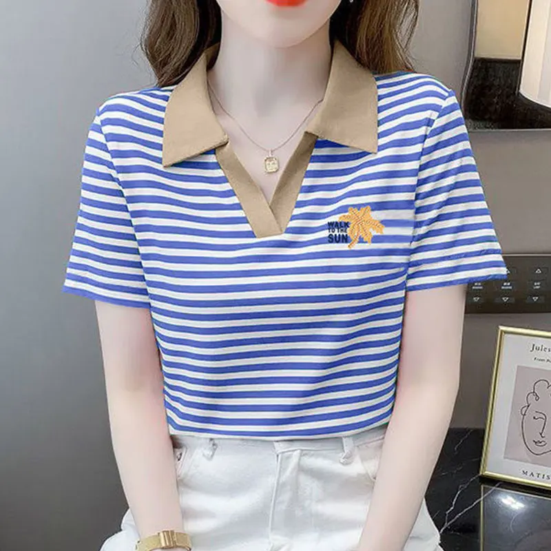 Women's Striped Polo Collar T-Shirt, Short Sleeve T-Shirt, Casual Tops, All-match, Simple, Office Lady, Summer Fashion