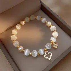 Kirykle Natural Crystal Bracelet for Women White Opal Stone Pearl Fashion Lucky Four-leaf Clover Women's Jewelry Bangles Gift