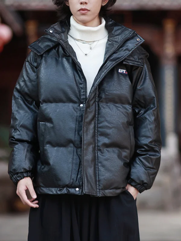 

Новая зимняя свободная куртка с капюшоном из хлопка и искусственной кожи, повседневная утепленная верхняя одежда, черное хлопковое пальто, мужская кожаная куртка