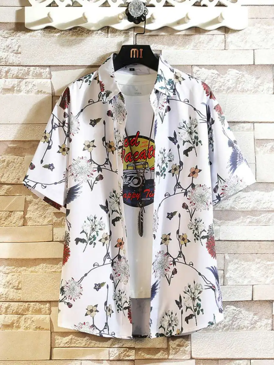 

New Men's Short Sleeve Printed Shirt Slim Fit Elastic Casual Summer Daily Wear Floral Patterned Korean Style Top