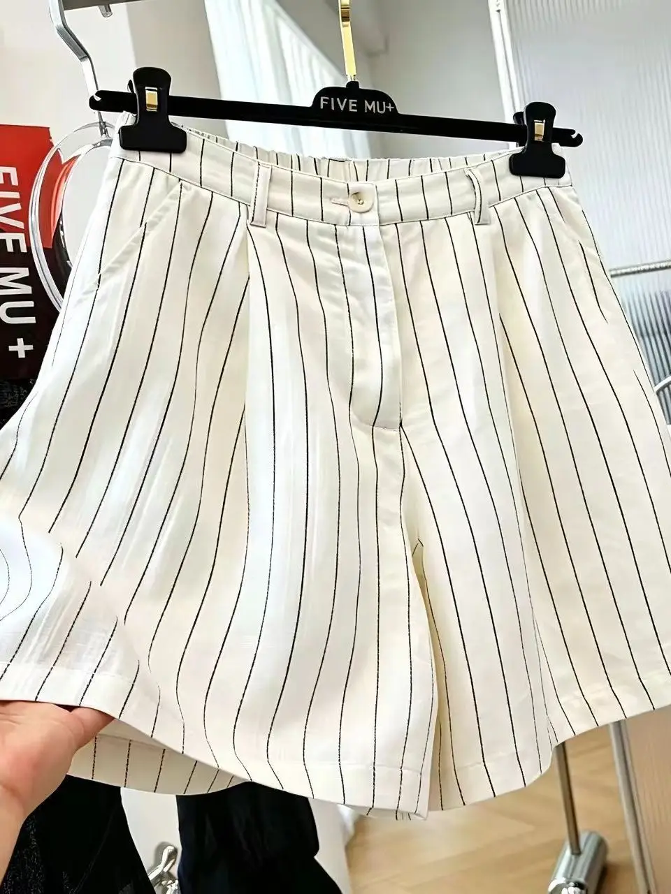 High Waist Striped Casual Pants Women's Summer Thin Pants Korean Style Wide Leg A-Line Shorts Outerwear Polyester Blend