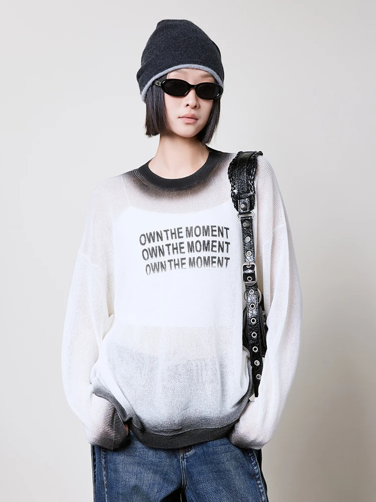 

MeiYang Mist adient Color Blo Letter Print round Ne Knitted Sweater Women's Casual Loose Fit Long Sve Top