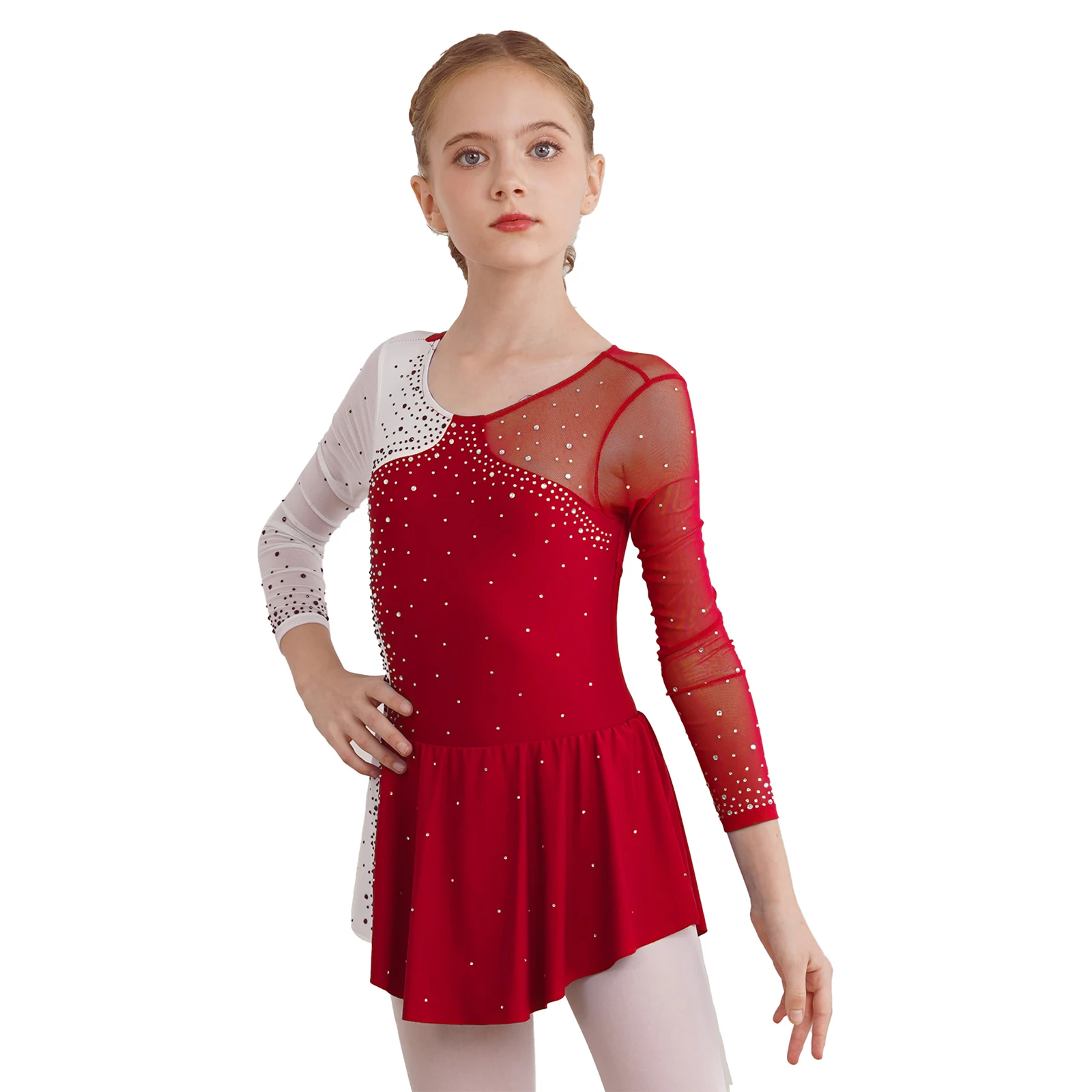 Girls Figure Ice Skating Dress Gymnastics Dance Ballet Tutu Leotard Costumes Long Sleeve Rhinestone Mesh Splice Dress Dancewear