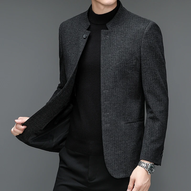 New Suit Autumn Winter Business Casual Fashion Velvet Suit Jacket Youth Zhongshan Suit Quality Stand-up Collar Men\'s Blazer