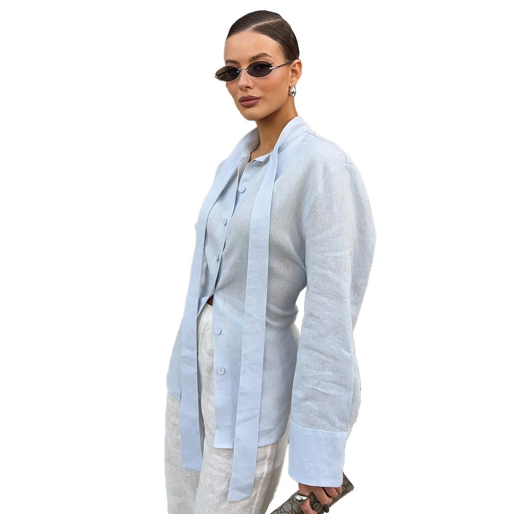 Damska koszula na jesień 2025, z wstążkowymi ramiączkami, do pracy, bawełniana, wyszczuplająca.