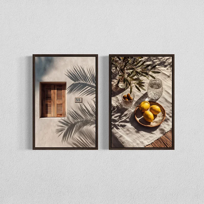2pcs frameless Canvas Painting 2PCS Mediterranean Wall Art  Olive Branch Lemon Still Life Poster  Neutral Coastal Decor  Canvas