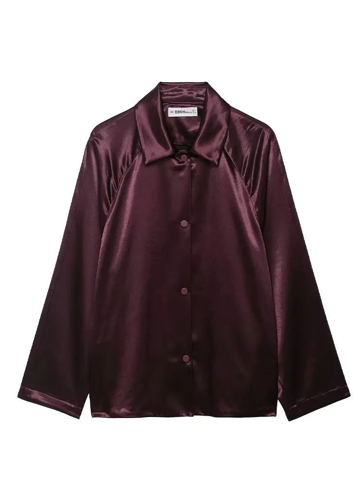 

HH Women's Autumn Fashion Vintage Silk Satin Textured Jacket Female Lapel Single Breasted Loose Shirt Long Sleeve Coat Mujer