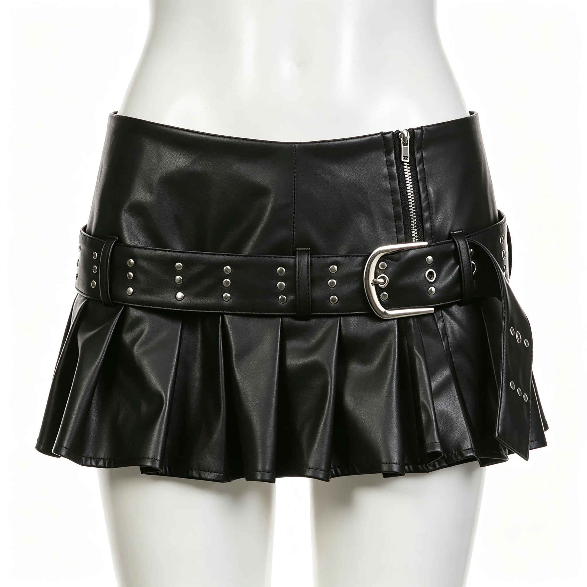 Black Gothic PU Leather Women Mini Skirt Belt Low Waist Zipper Pleated Skirt Y2K Streetwear 2000s Clothes Summer Korean