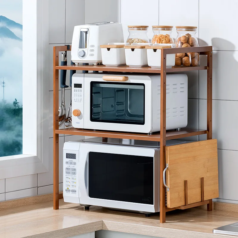 Kitchen Shelf Countertop Double Microwave Oven Shelf Desktop Seasoning Oven Storage Rack Bamboo Solid