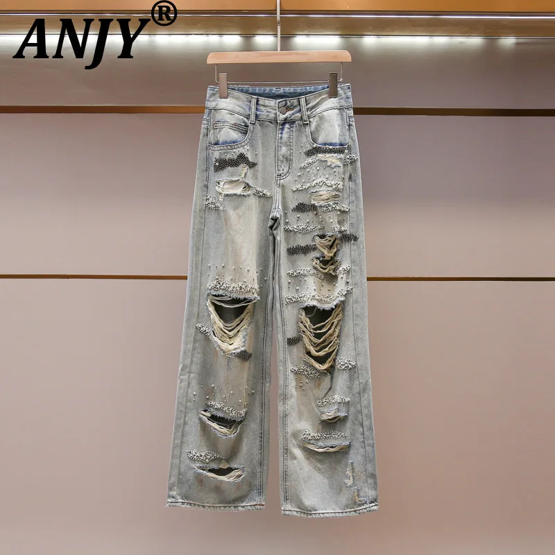 ANJY Spring Autumn New Women's High-end Heavy Embroidered Flares Ripped Design Jeans Washed Distressed Loose Casual Pants A28535