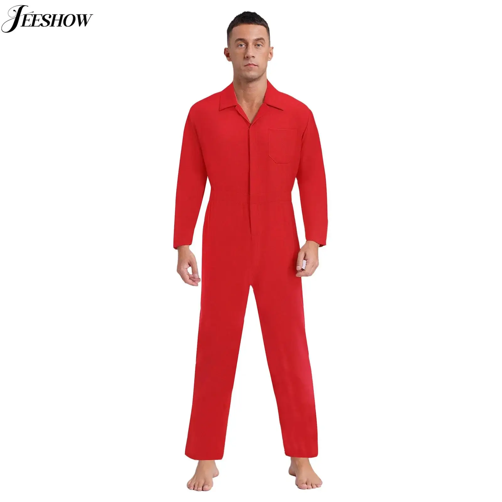 

Mens Casual Long Sleeve Jumpsuit Solid Color Turn-down Collar Front Zipper Closure Coveralls with Pockets Daily Wear Rompers