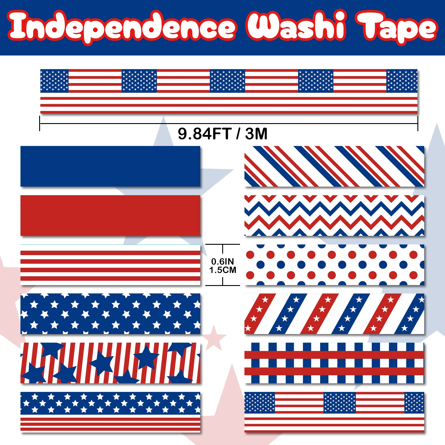 4th of July Washi Tape Set,12 Rolls Patriotic Stars Stripes Decorative Tape Independence Day Red Blue White Masking Tape