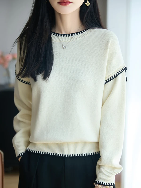 Thickened Pure Cotton Knitted Sweater Women's round Neck Color Block  Sweater Slimming Lines High End Feeling Inner Wear ...