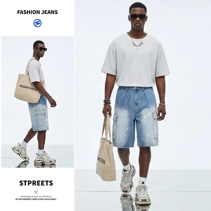 

Мужские летние джинсовые шорты 2026: тонкие, легкие, прямого кроя, свободные, до колена, с принтом «брызги краски», в уличном стиле