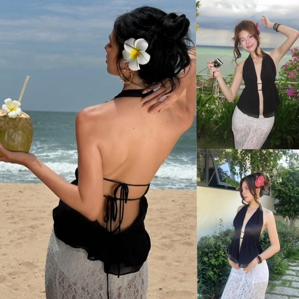 

2025 летняя новая мода, сексуальный однотонный топ с открытой спиной и бретельками на бретельках