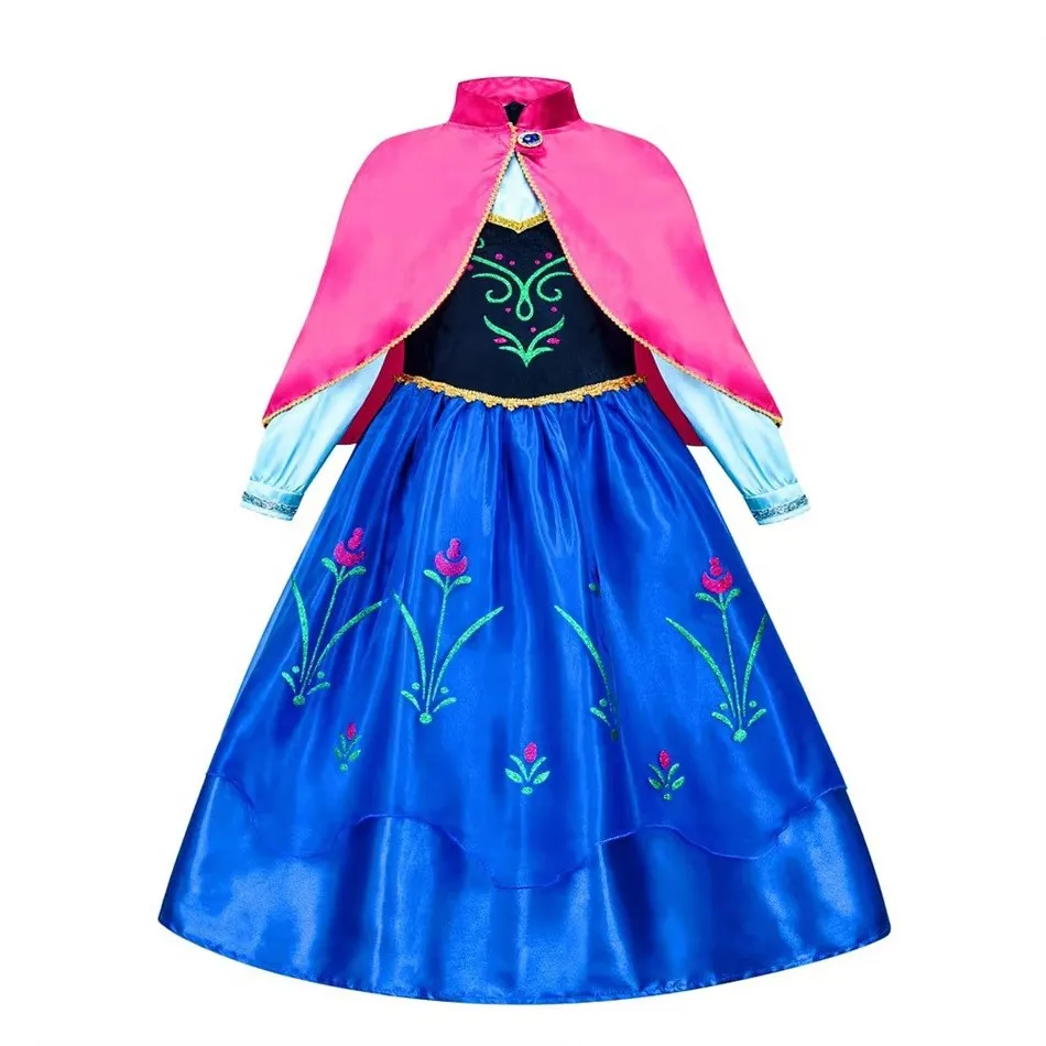 Anna Dress with Cape Little Girls Princess Cosplay Halloween Apparel Kid Fancy Party Gown