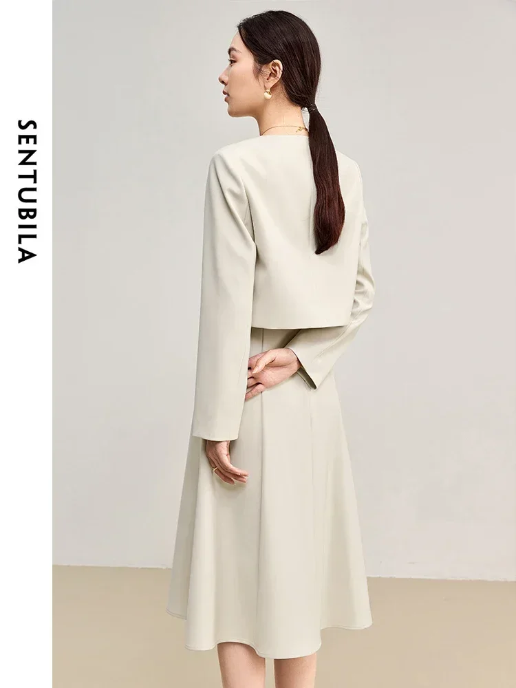 SENTUBILA femmes 2 pièces robe ensemble 2025 automne sans manches gilet a-ligne robe et veste courte bureau dame correspondant ensemble 143Z56089