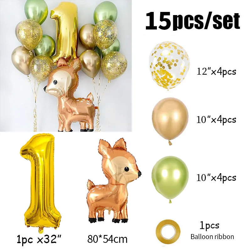 15pcs Gold Number Animal Foil Balloons Happy Birthday Party Decorations Kids Girl Boy Baby 1 2 3 4 5 6 7 8 9 Year Old Supplies