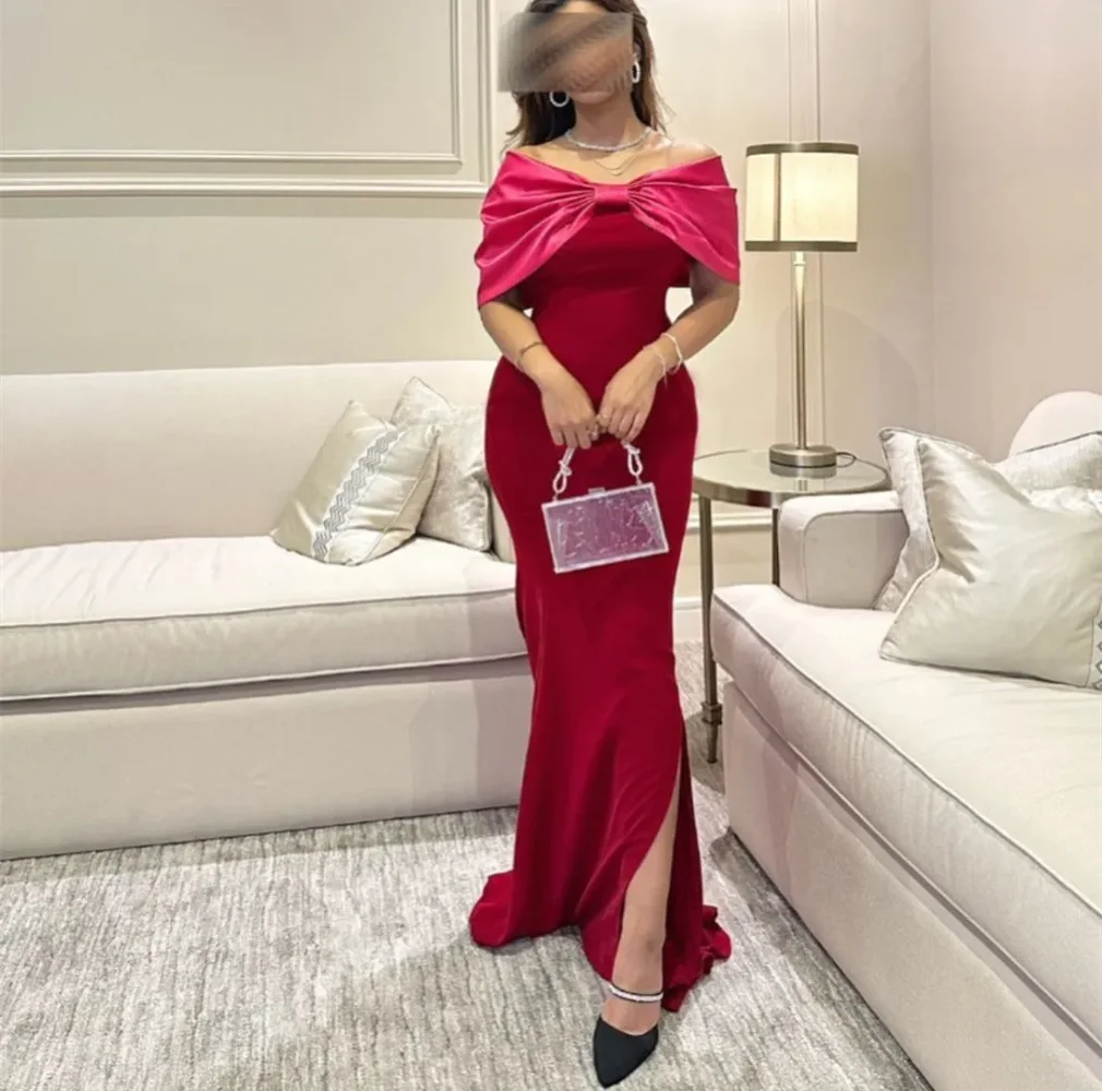 

Classical women Mermaid Crepe Pleated Watteau Train Prom Dress Red Off Shoulder Evening Dresses with Slit elegant formal dress