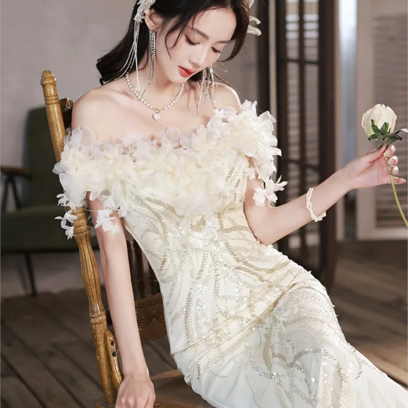 Light luxury niche new adult ceremony fishtail white sense birthday graduation dress