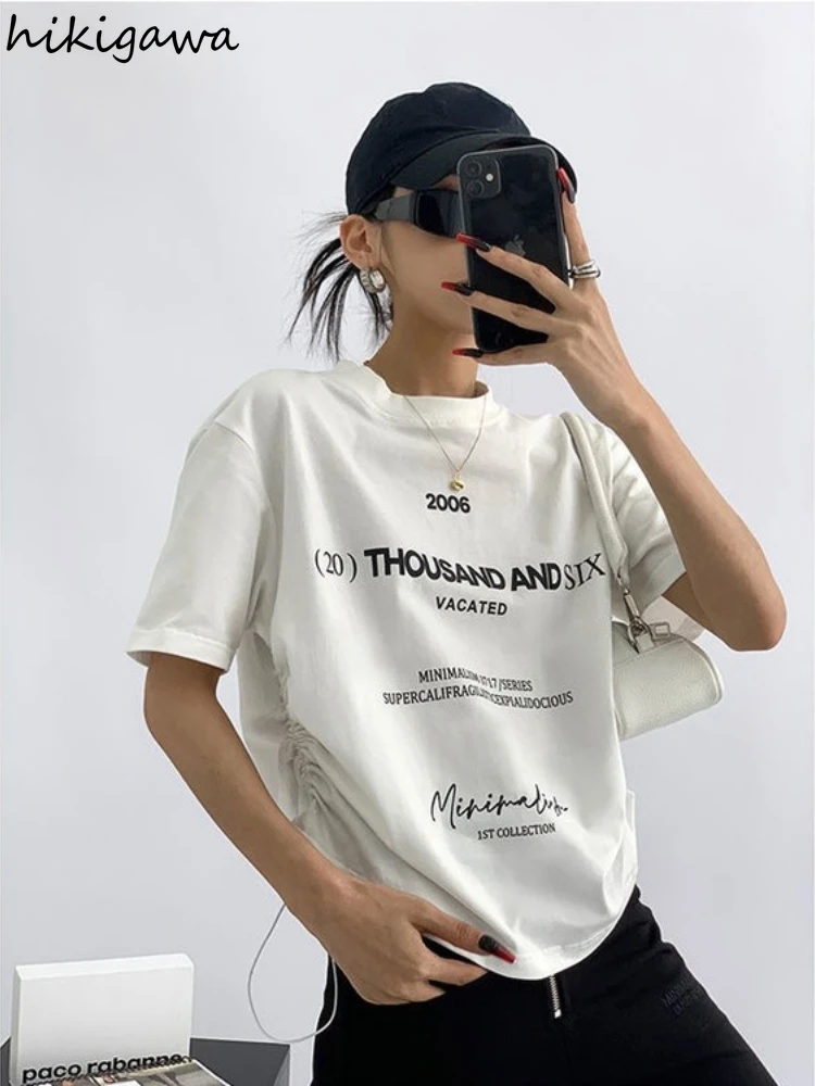 Shirts Women Tshirt Summer Letter Print Woman T-shirts Harajuku Streetwear Drawstring T Shirts Oversized Gothic Y2k Top Clothes