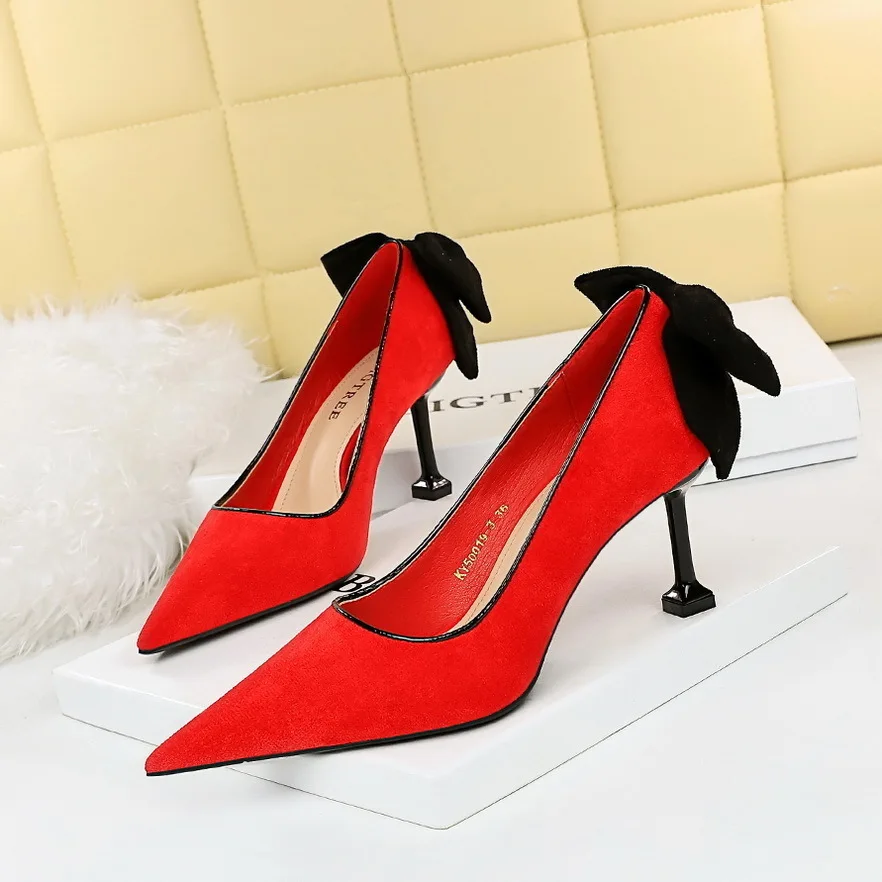 

New Women's Heels Shoese Ladies Thin Wedding Shoes High Heel Suede Shallow Mouth Pointed Colored Bow Single Pumps женская обувь