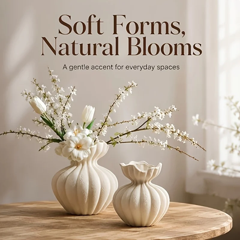2Pcs Gray White Vertical Grain Bud Mouth Vase, PLA 3D Printed Wabi Sabi Entryway Dry Flower Display Ornament