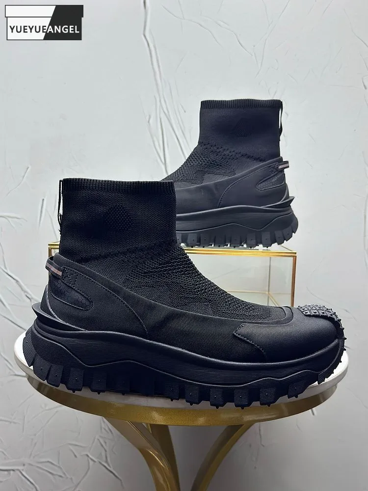 New Summer Fashion Men Breathable Casual Slip-On Thick Platform Mesh Spliced PU Round Toe Male Outside Joggers Sneakers Trainers