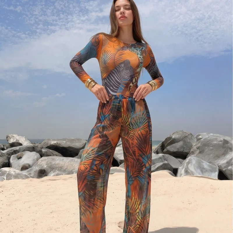 Ladies Fashionable Two Piece Swimwear Sexy Long Sleeve Wide Leg Pants One Piece Style Beach Holiday Quick Dry Sun Proof Swimming