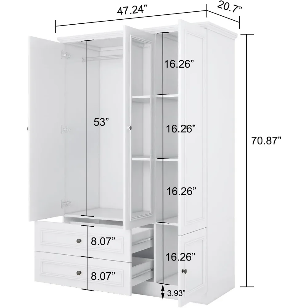 Wardrobe Closet Wooden with 3 Doors, Hanging Rods, 2 Drawers, Mirror Large Capacity Large Wardrobe Closet for Bedroom