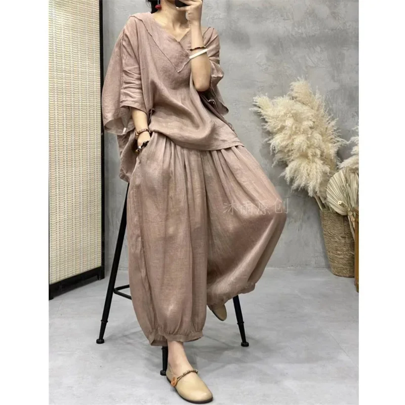 Loose Ramie Set for Women Large Size with Bat Sleeves V-neck Cotton Linen T-shirt Casual Lantern Pants Two-Piece Set for Summer