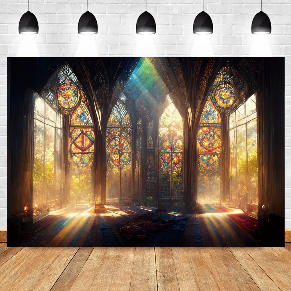 Photography Backdrop Vintage Bohomia Colorful Glass Window Church Photographic Background Polyester Cloth Photo Studio Props