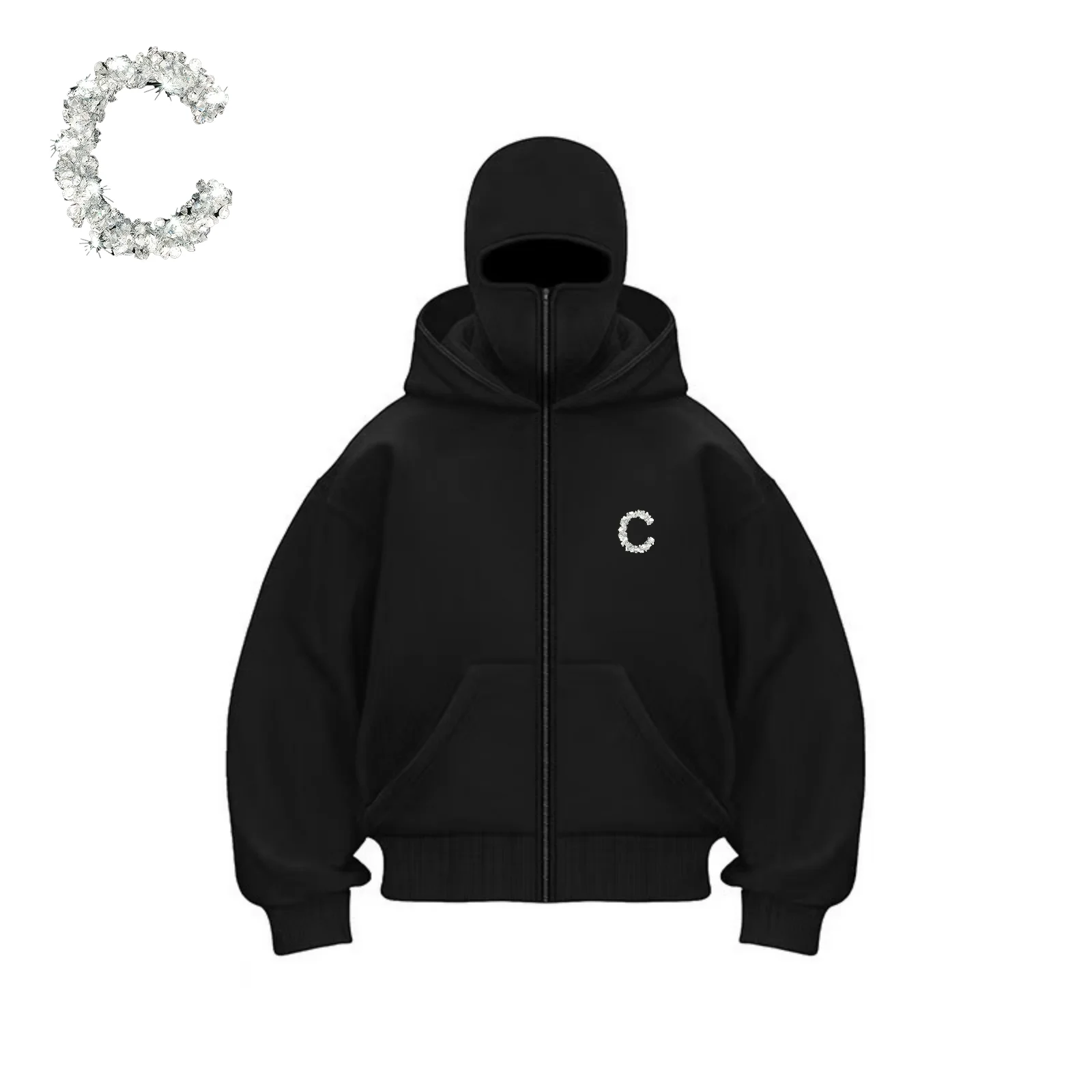 

MenS Letter 'C' Print Balaclava Y2K Gothic Harajuku winter new item double hooded sweatshirt men's hooded mask zipper sportswear