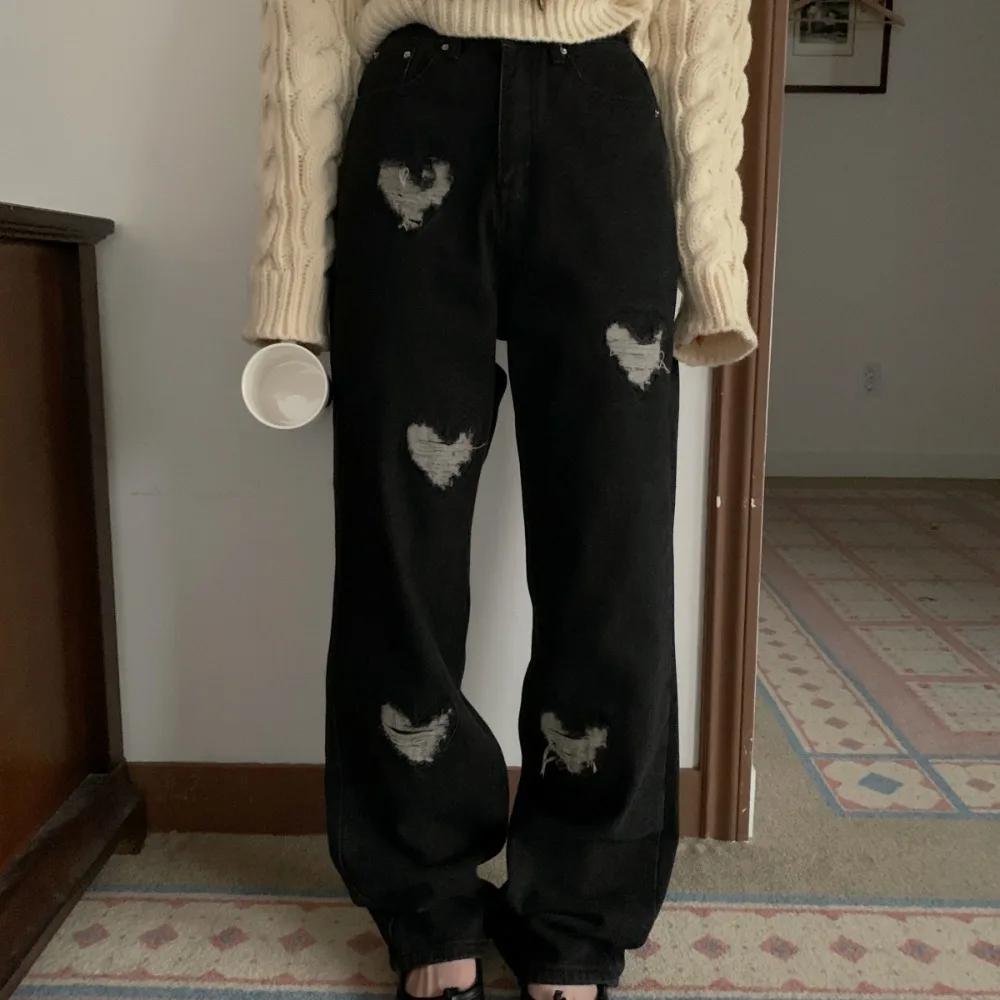 High Waist Wide Leg Jeans Korean Style Worn out Casual Long Pants Draping Effect Love Heart Design Autumn Early Season Ladies...