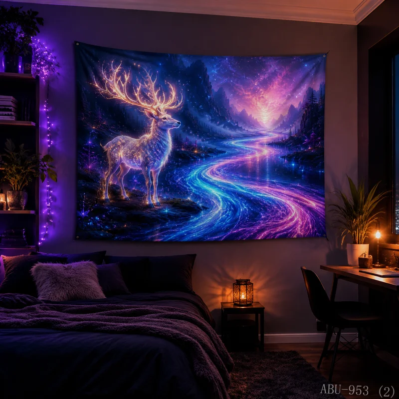 VIKAMA Starry River Flowing Light Stream Deer Dreamy Christmas Tapestry HD Background Cloth Festival Atmosphere Room Decoration
