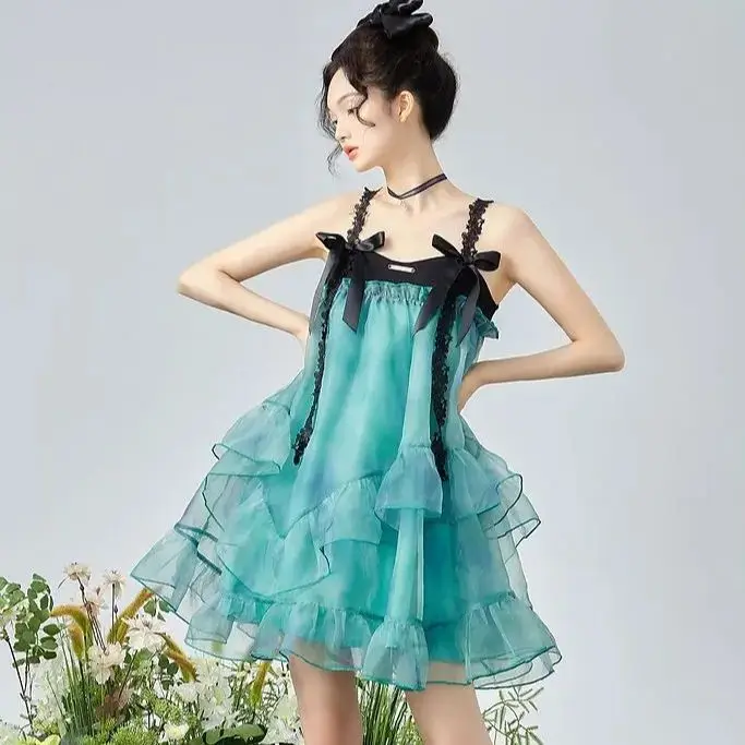 

High Quality Organza Sling Fluffy Skirt Dress Beach Vacation Style Spicy Girl Bow High End Mesh Sleeveless Loose Casual A-Line