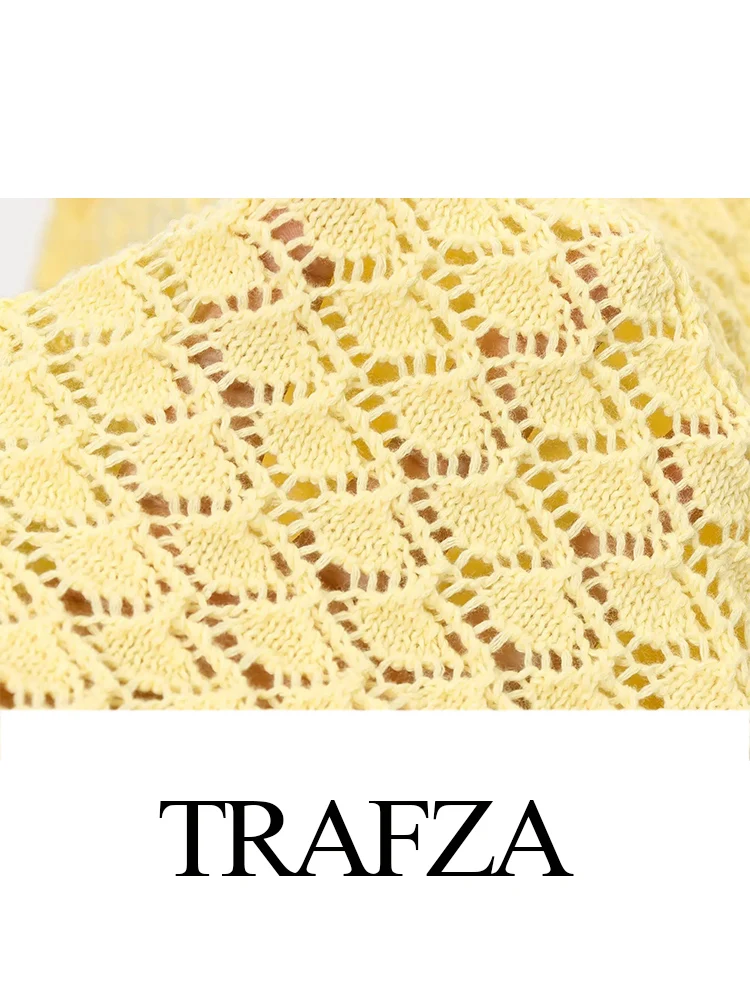 

TRAFZA Women 2025 Summer Shorts 2-Piece Set Knitted Crochet Lapel Short Sleeve Shirt Top+Chic High Waist Draw Rope Casual Shorts