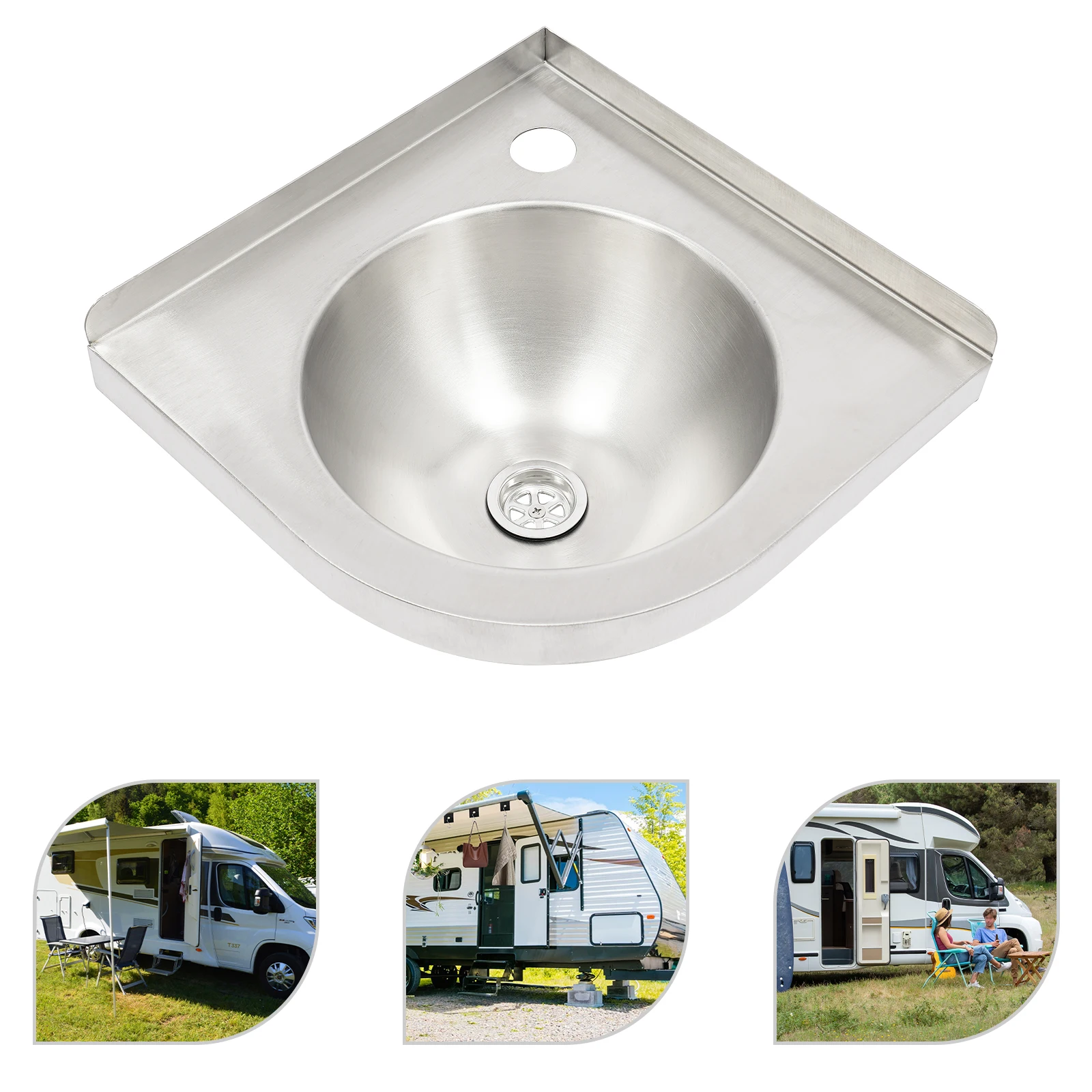 Triangular RV Corner Basin Sink Stainless Steel Wall Mounted with Hose and Water Drain Plug Single Bowl for Boat Caravan