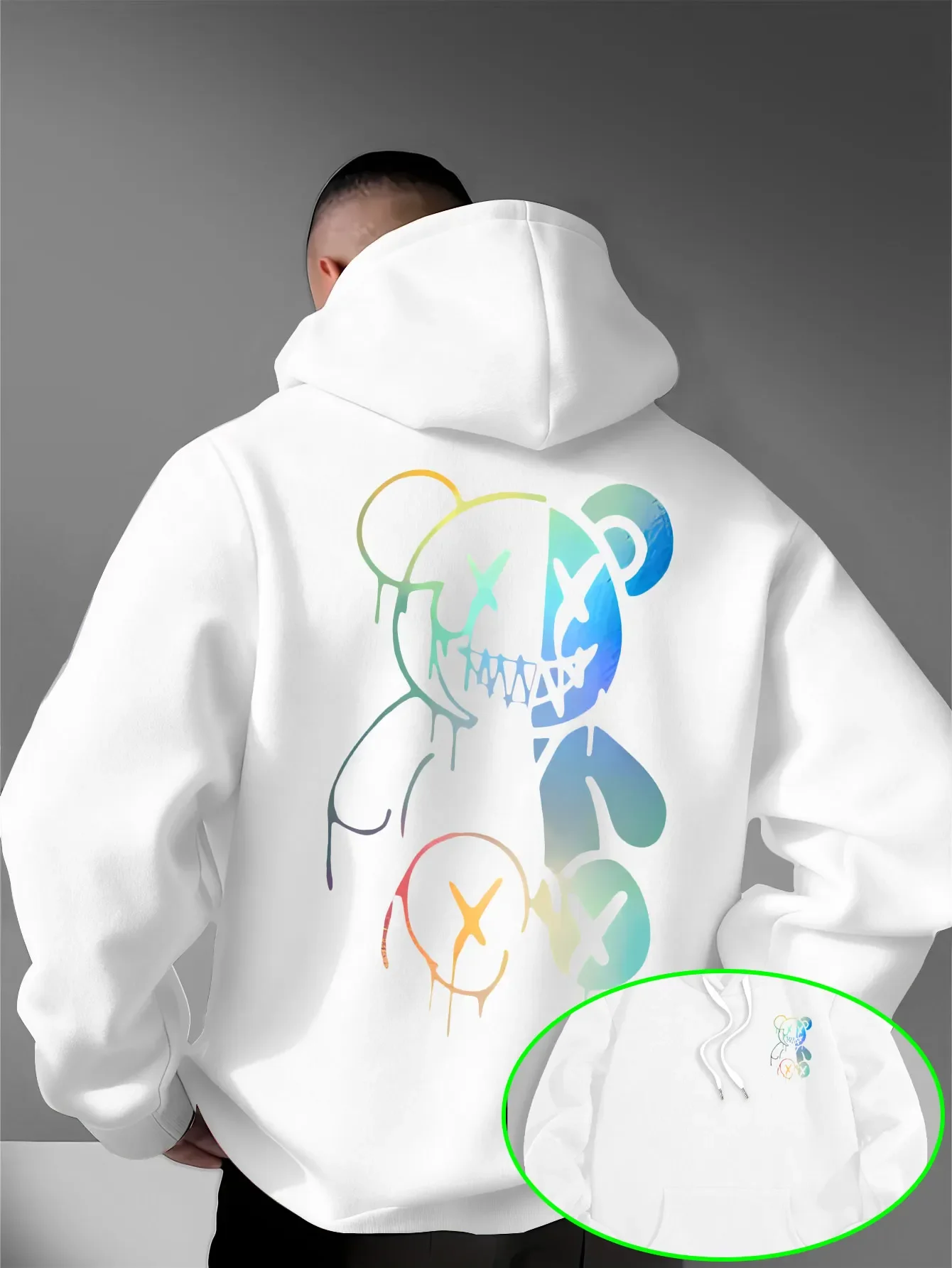 Lockere, übergroße Herren-Hoodies mit holografischem, geteiltem Evil-Bear-Motiv auf Vorder- und Rückseite, Pullover-Sweatshirt, dunkle Streetwear, Alltags-Kapuzenoberteile – Detail 8