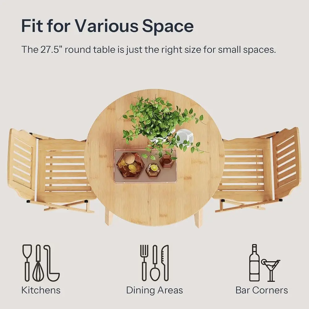 Compact Bamboo Round Table, 27.5 for 2, Ideal for Small Spaces, Multi-Use Dining/Writing Desk, Easy Assembly, Suitable for Home,