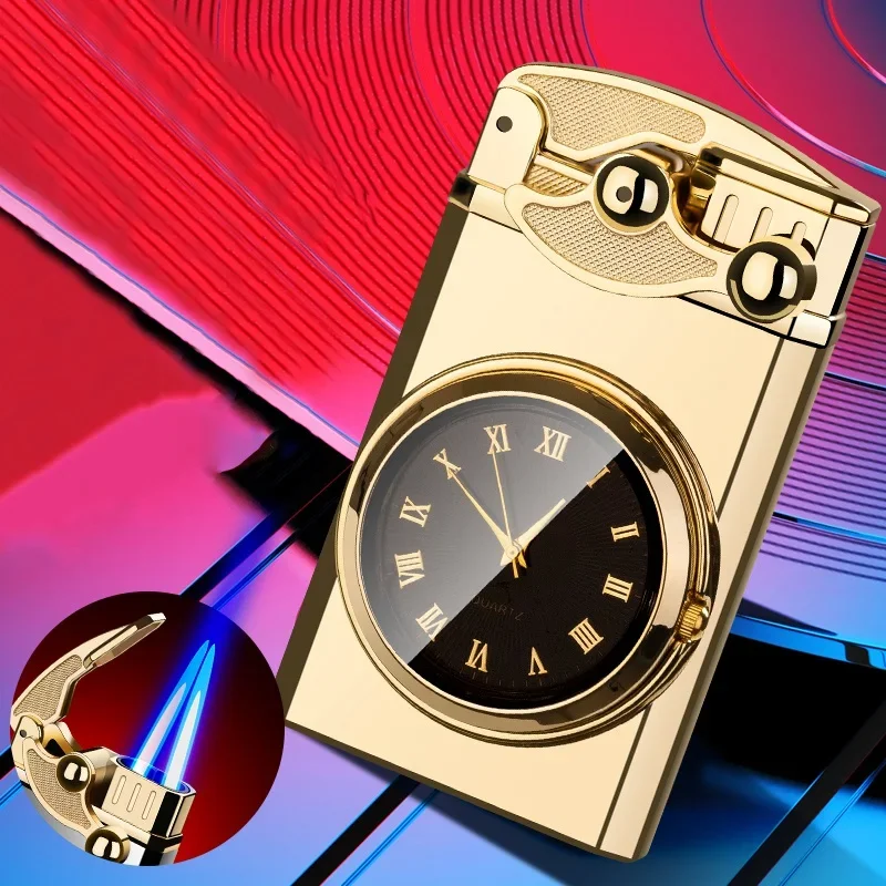 New Windproof Metal Rocker Ignition Watch Gas Lighter Colorful Lights Jet Butane Double Flame Flashlight Cigar Lighter Men Gift