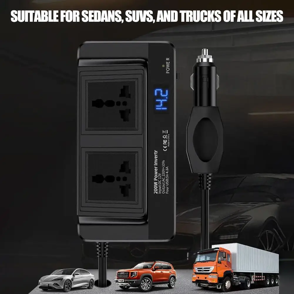 

Автомобильный инвертор мощностью 200 Вт, преобразователь постоянного тока в 220 В переменного тока с двумя розетками переменного тока и 4 портами USB QC3.0, быстрая зарядка для всех транспортных средств P5U0