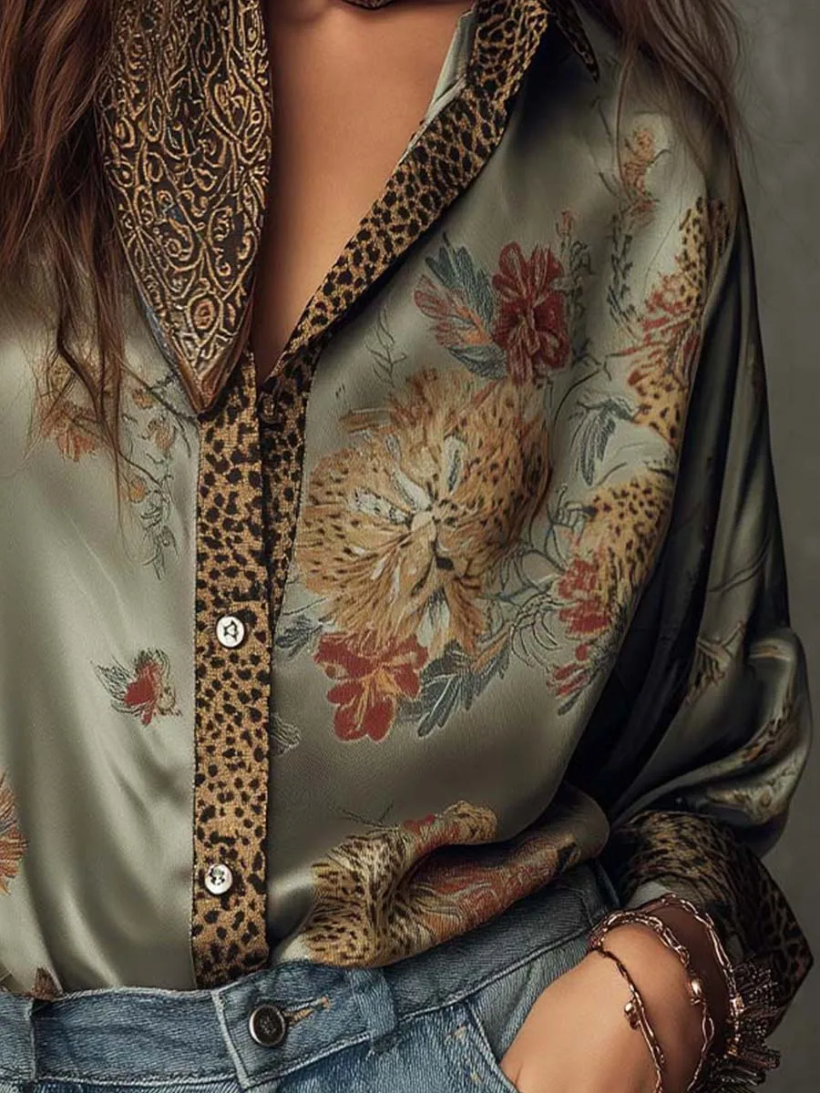 Europäische und amerikanische Blusen mit Blumenmuster für Damen, Leopardenmuster, langärmlig, mit Umlegekragen, Satinbluse mit Schal – Detail 6